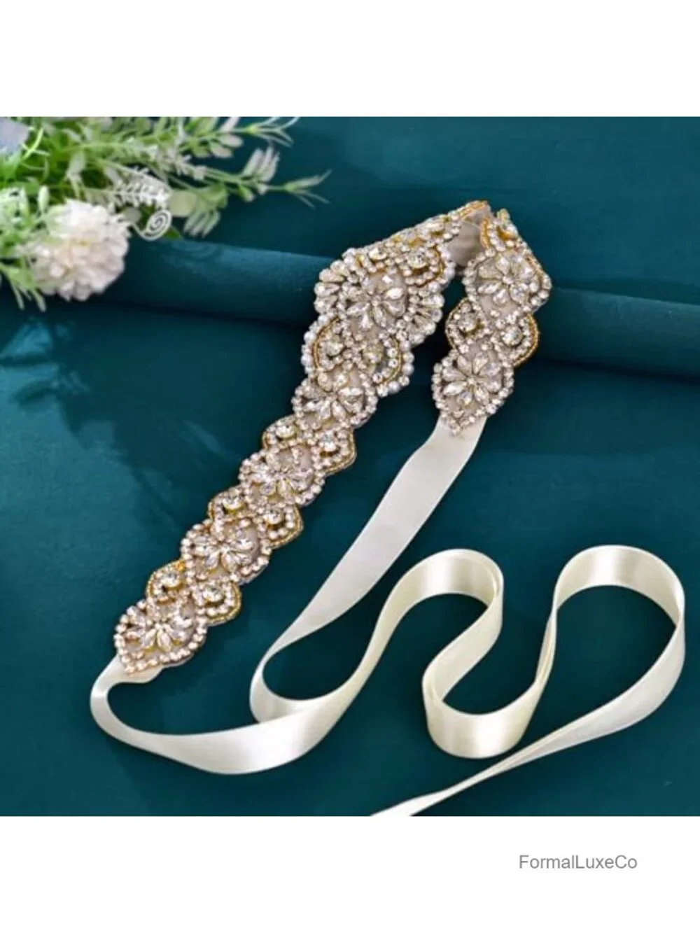 Handmade Rhinestone & Pearl Wedding Sash Belt with Satin Ribbon for Gowns